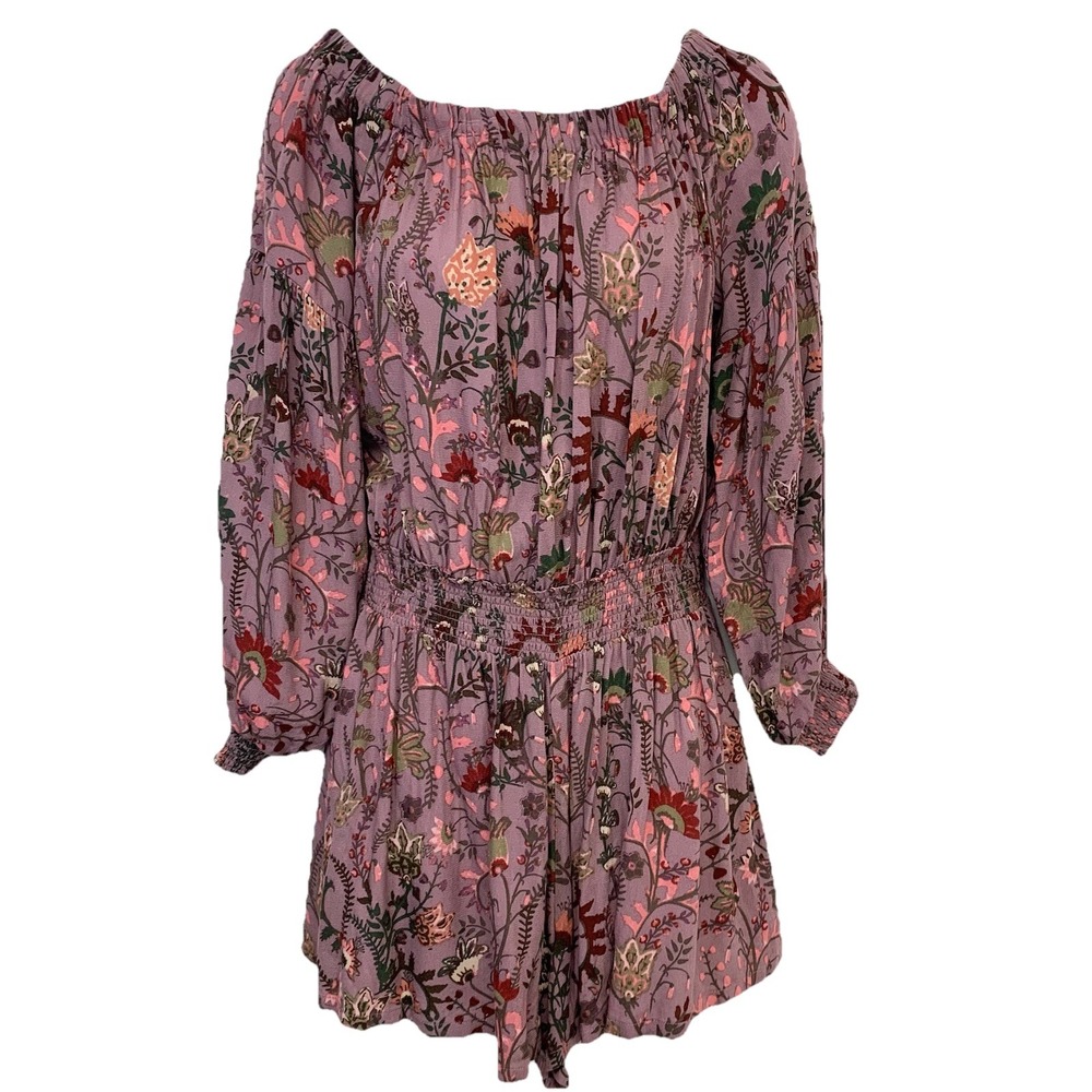 Free People Romper Purple Floral 3/4 Sleeve Deep V‎ Back Cinch Waist Vacation